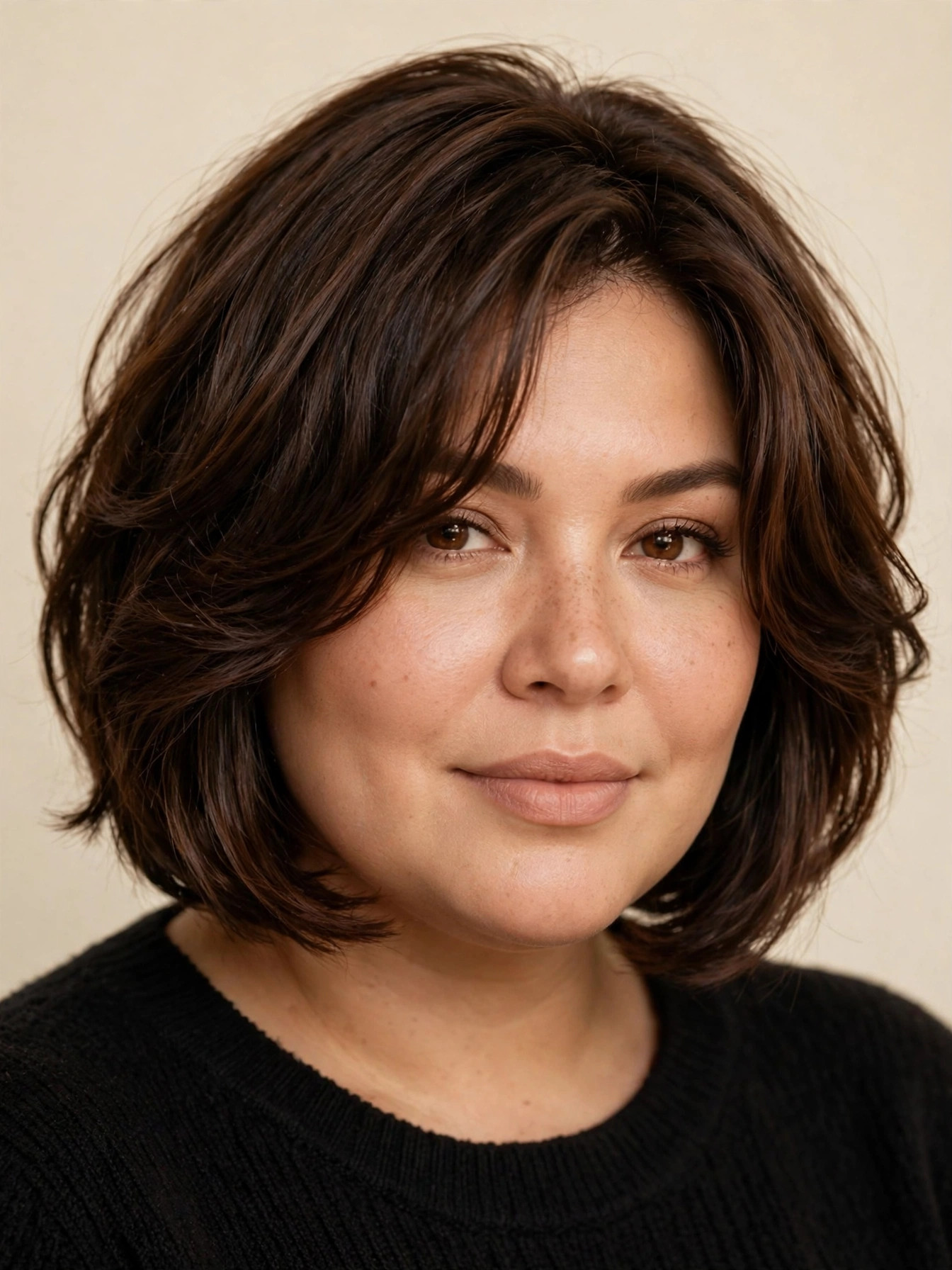 Classic layered bob haircut on a plus size woman