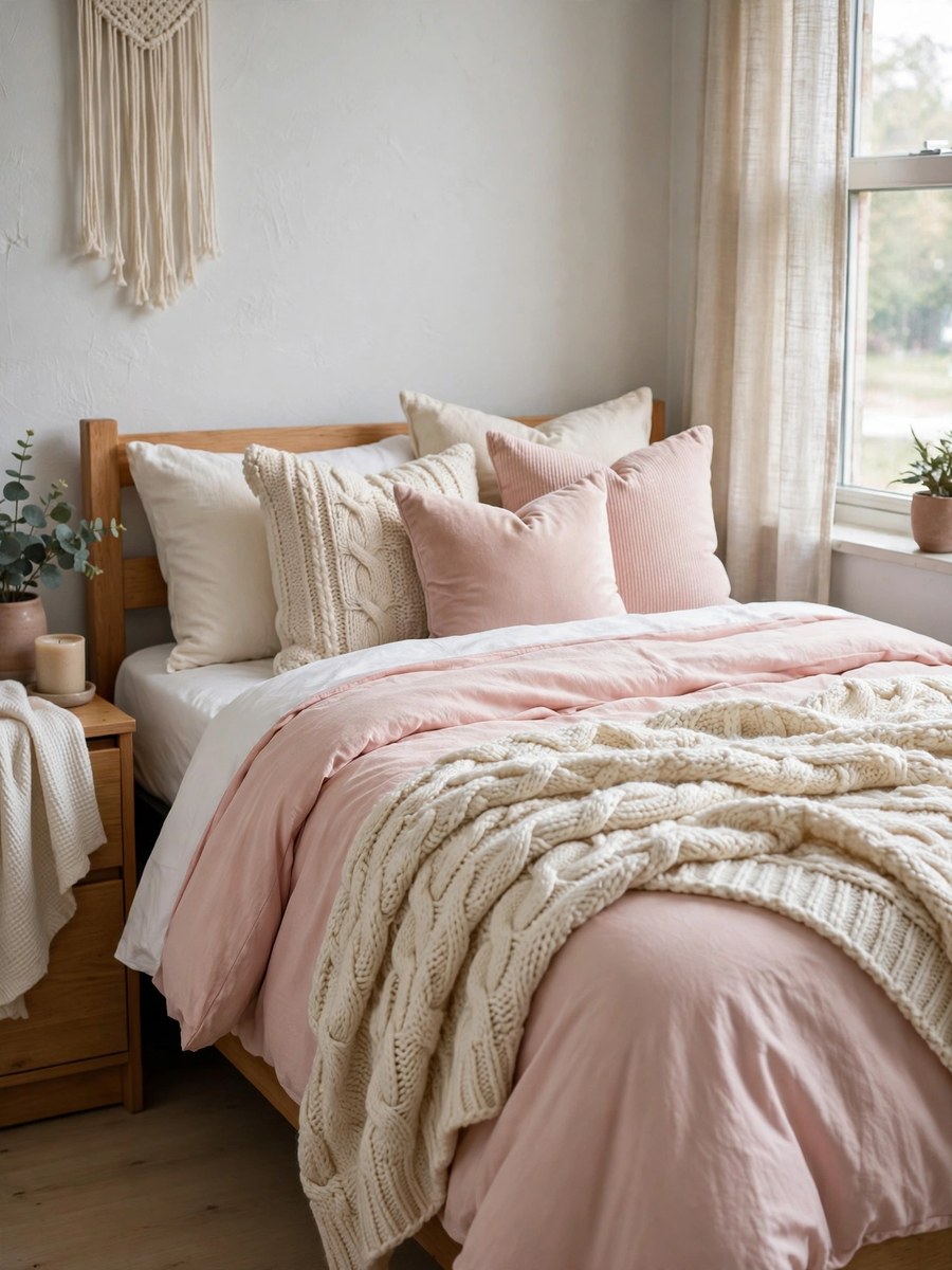 Dorm twin bed with layered cozy bedding, blush pink duvet, knit throw and throw pillows