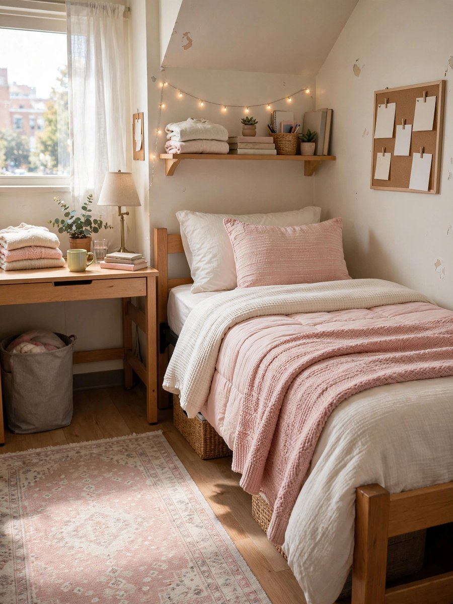 Area rug placed beside a dorm twin bed with blush pink and cream layered bedding
