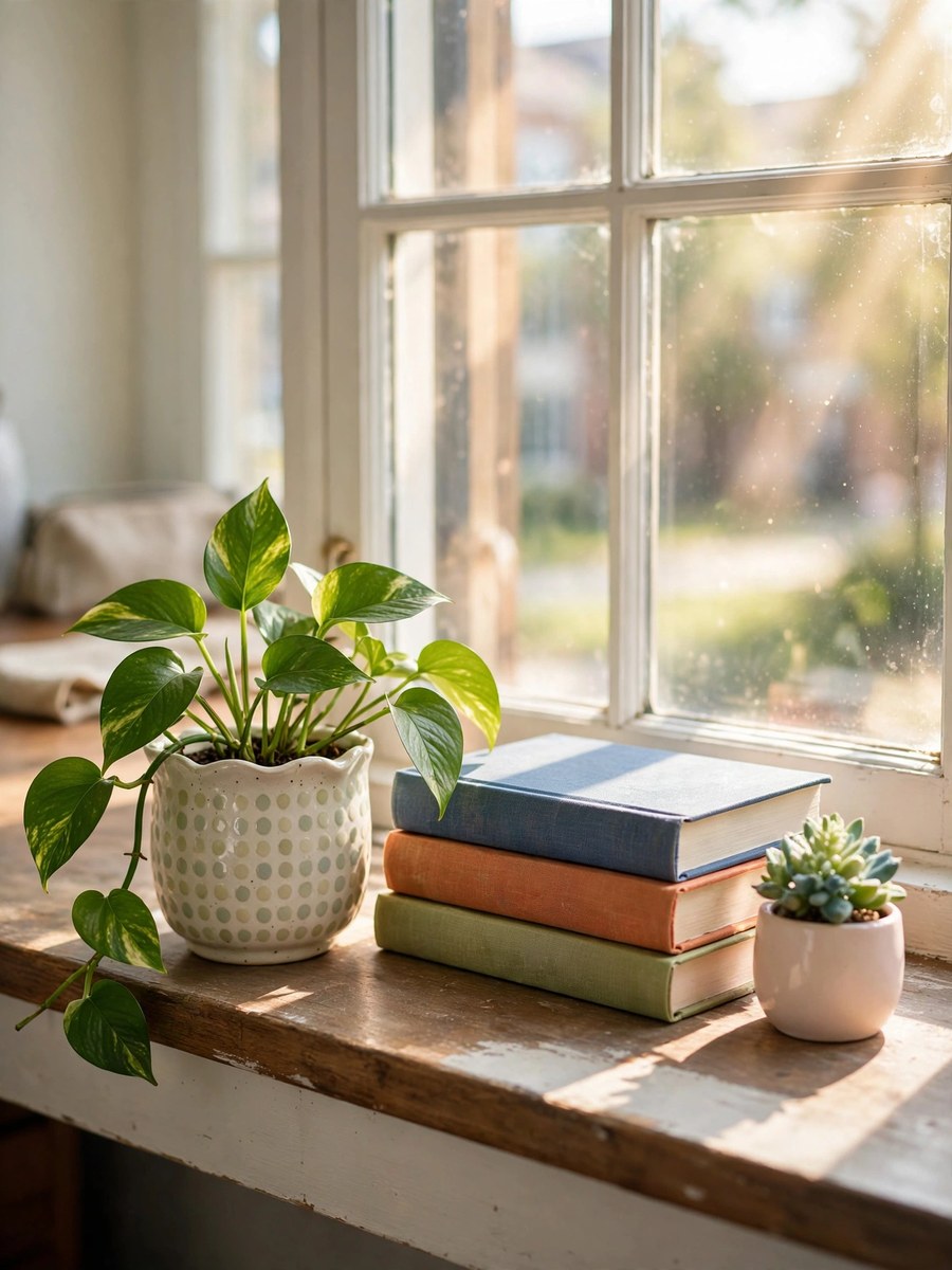 Small pothos plant in a ceramic pot on a dorm room desk windowsill beside books