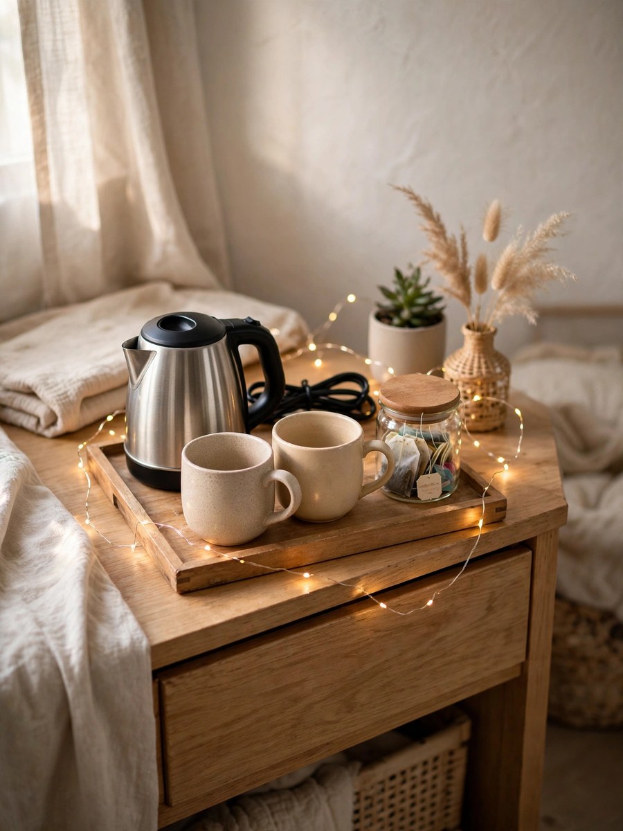 Mini dorm coffee and tea corner with electric kettle, cute mugs and tea jars on a tray