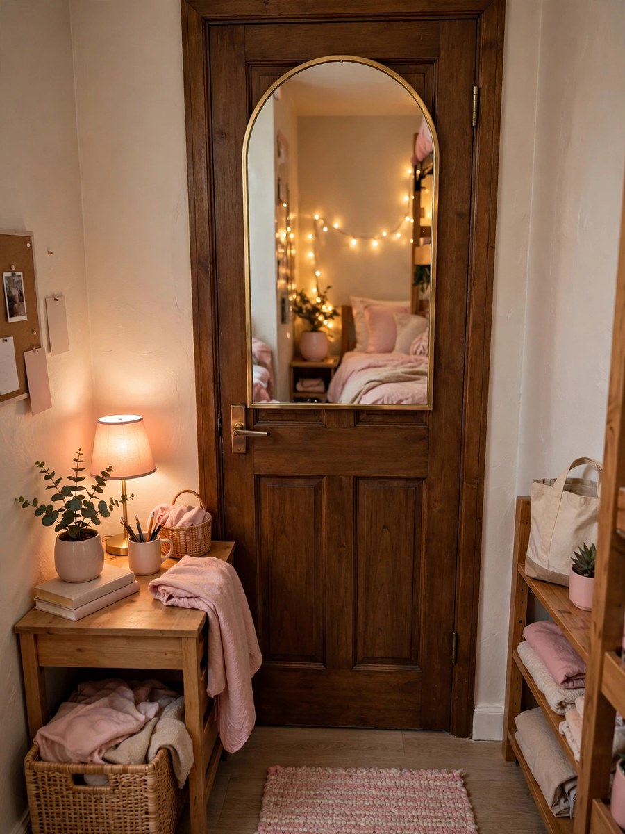 Full-length arched mirror hanging over a dorm room door making the space look bigger