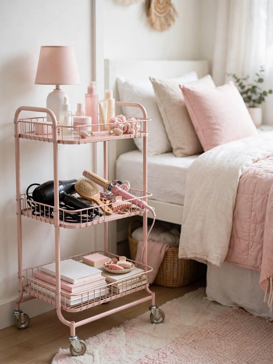 Three-tier rolling cart beside a dorm bed organized with skincare, hair tools and notebooks