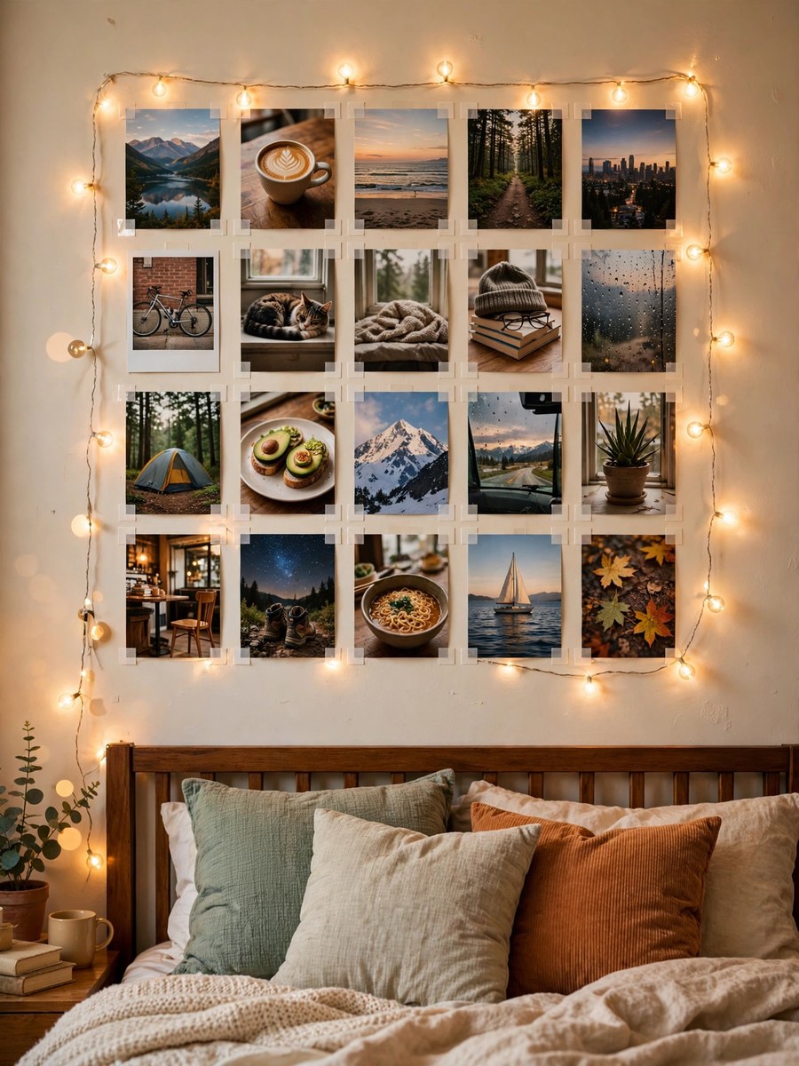 Photo collage wall in a college dorm room with printed photos held by adhesive strips