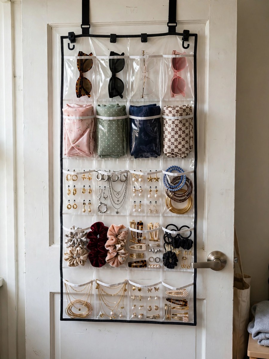 Over-the-door hanging organizer on a dorm closet door with jewelry, scarves and sunglasses