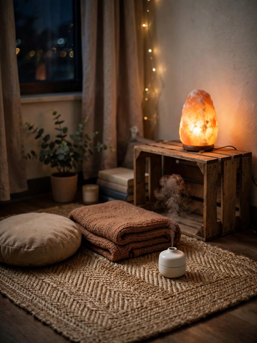 Cozy dorm wind-down corner with floor cushion, aroma diffuser and warm salt lamp glow