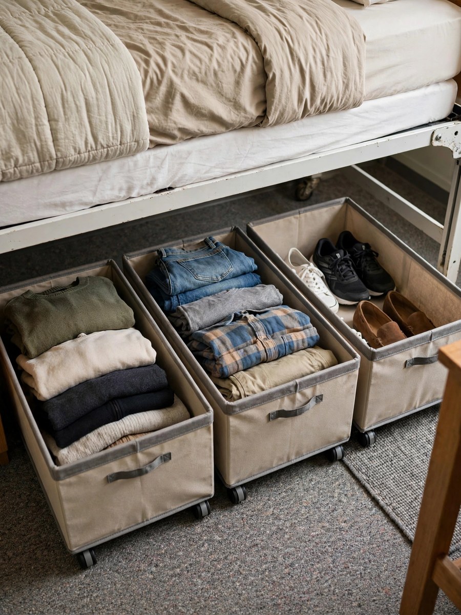 Rolling under-bed storage bins pulled out from under a dorm twin bed with organized clothes