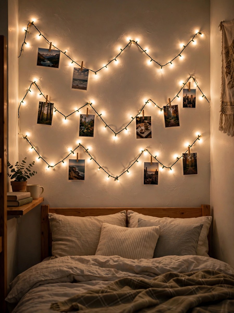 Fairy string lights layered on a dorm room wall with photos clipped to them