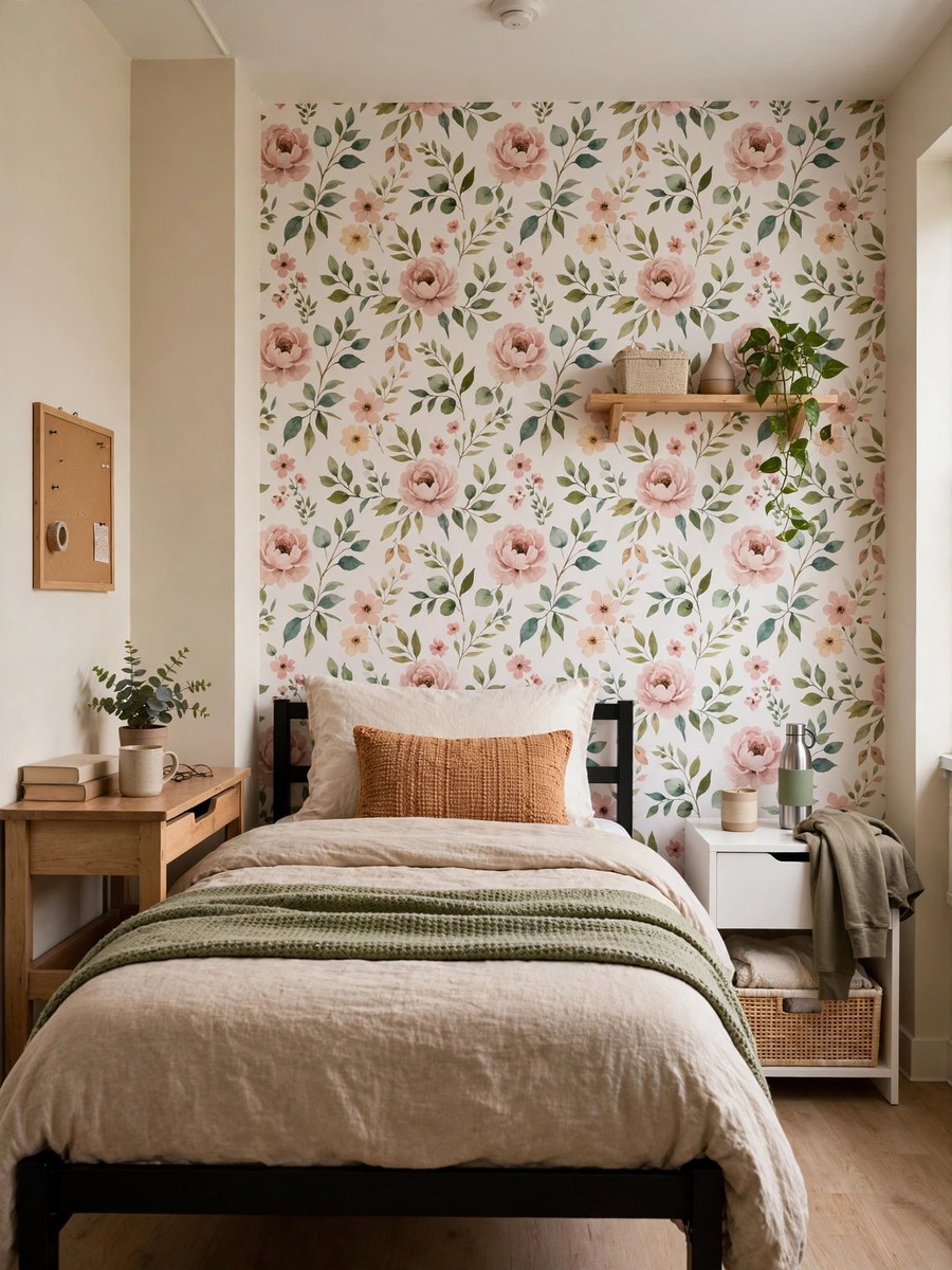Dorm room accent wall with removable peel-and-stick floral wallpaper behind a twin bed