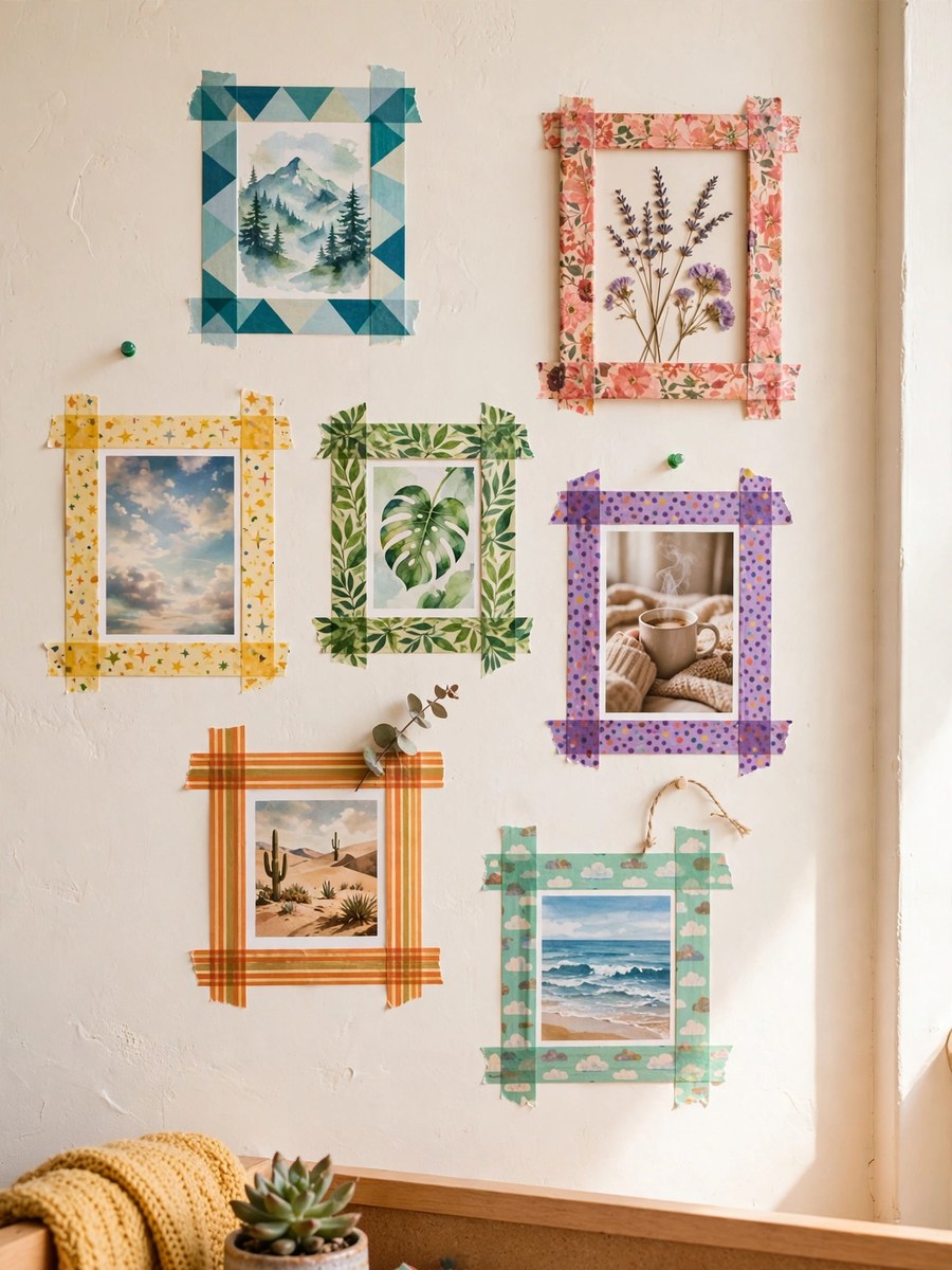 Dorm wall with washi tape frames around art prints and photos, DIY damage-free decor
