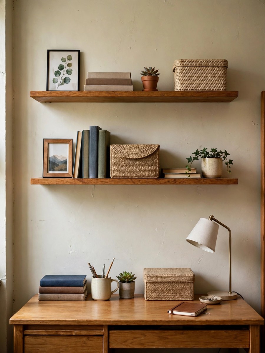 Floating wooden shelves above a dorm desk styled with books, photos and decor