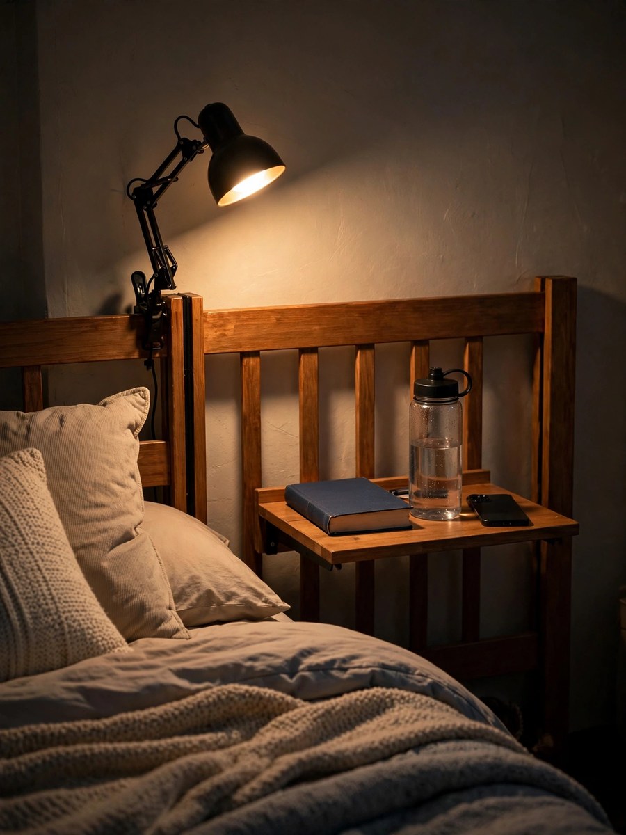 Clip-on warm reading lamp on a dorm bed frame next to a bedside shelf with book and water