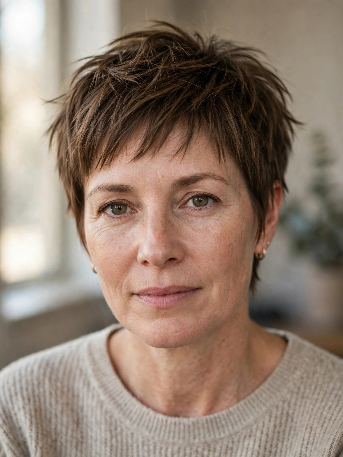 Textured pixie haircut with choppy layers on thin fine hair