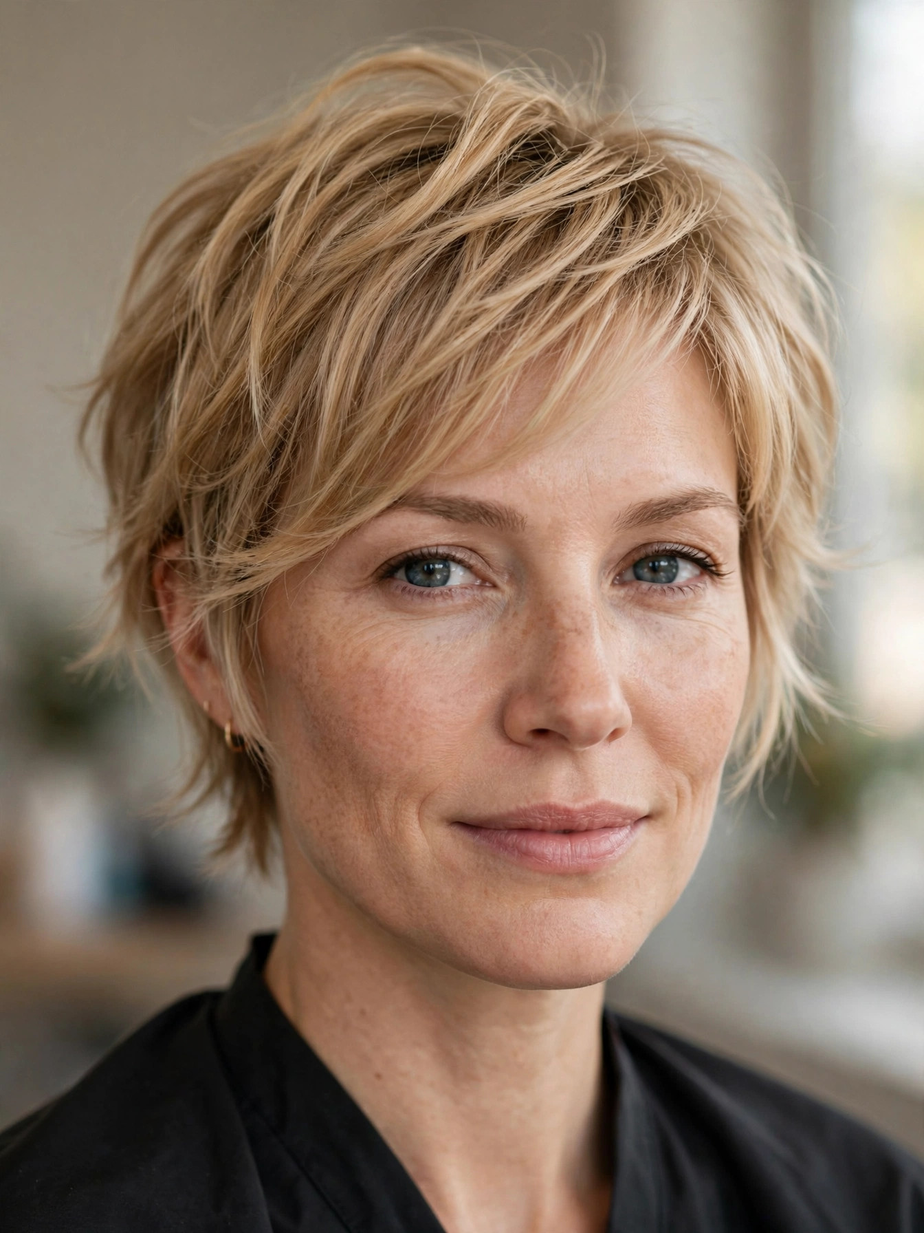 Feathered blonde pixie with soft face-framing layers