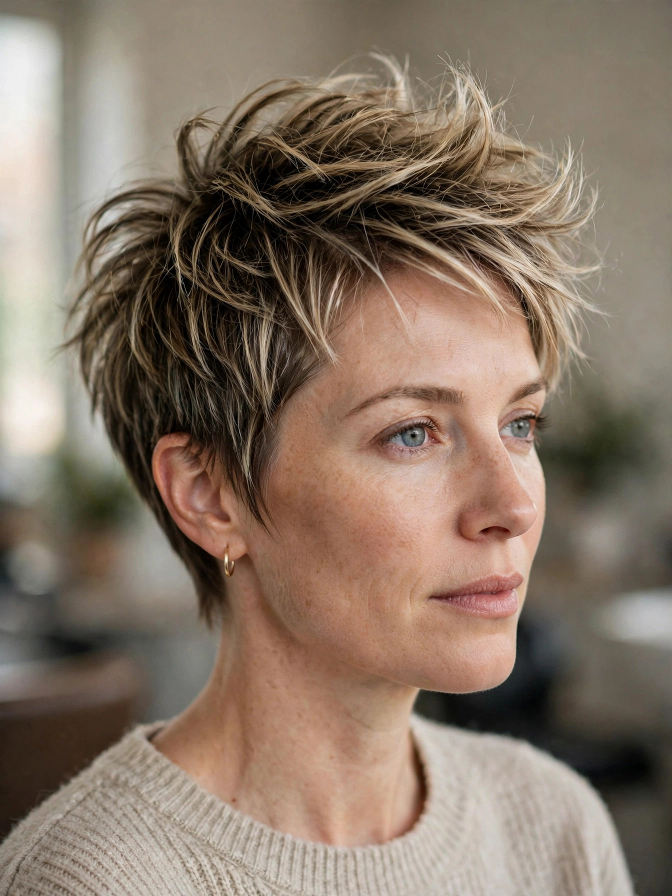 Tousled pixie with stacked crown layers for lift