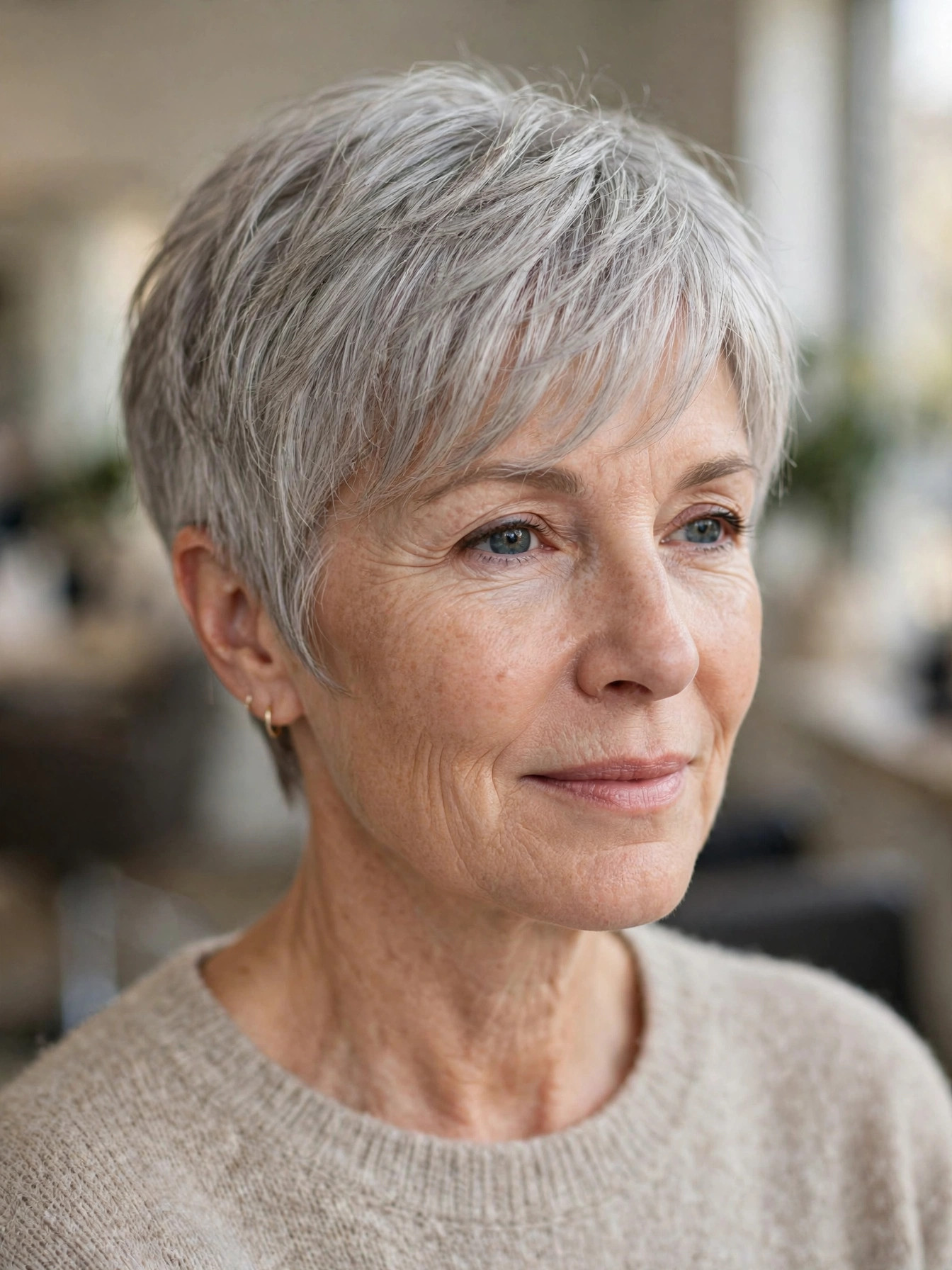 Soft fringe pixie in silver gray on fine hair