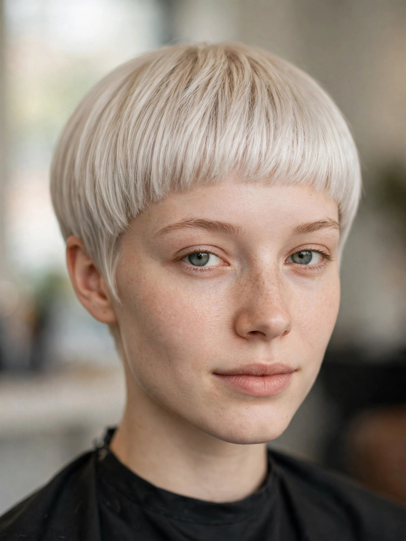 Modern bowl pixie with blunt perimeter