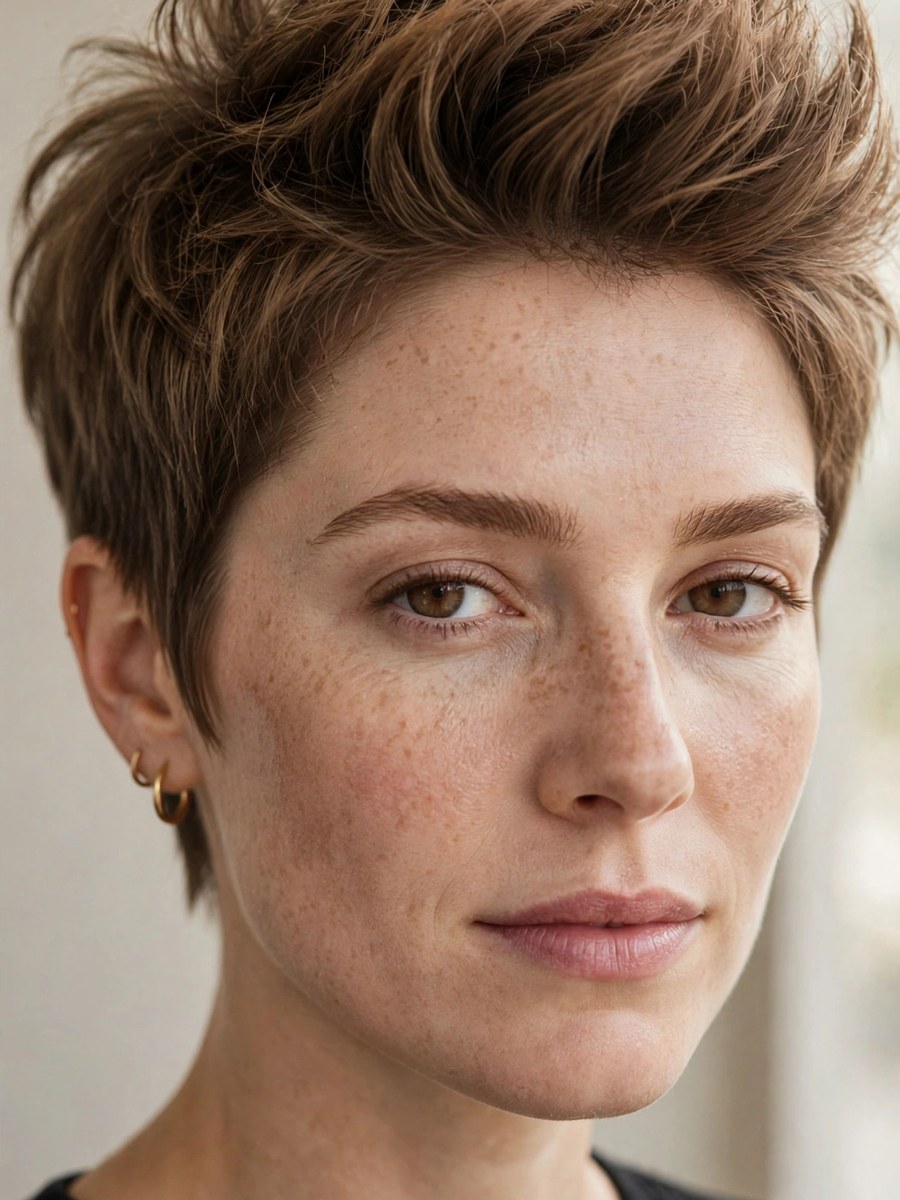 Textured pixie haircut with lifted volume at the crown for thin fine hair