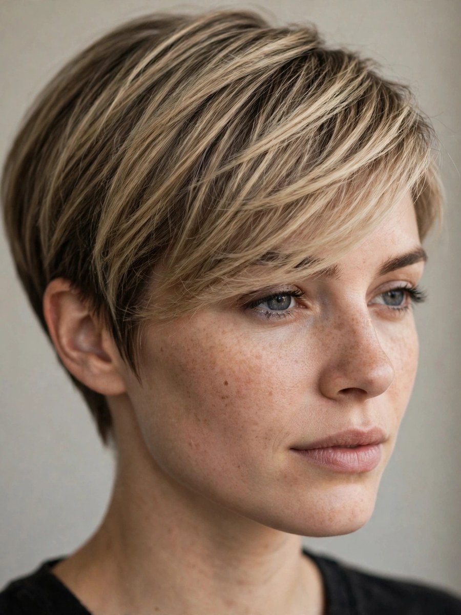 Side-swept pixie with long top for thin fine hair