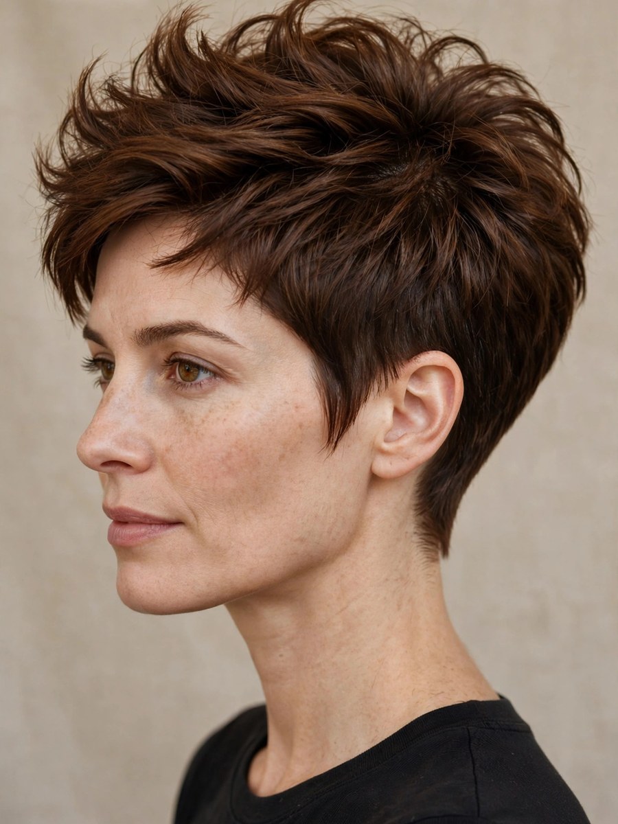 Pixie with tapered nape and voluminous top for thin hair