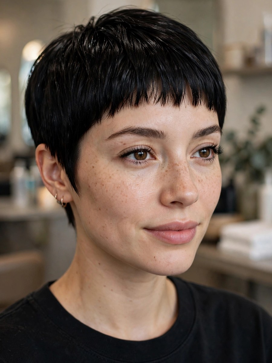Pixie haircut with short micro bangs for thin fine hair