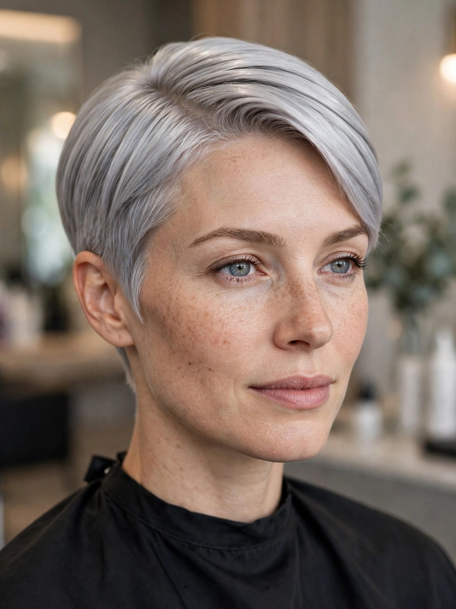 Sleek silver pixie haircut for thin fine hair