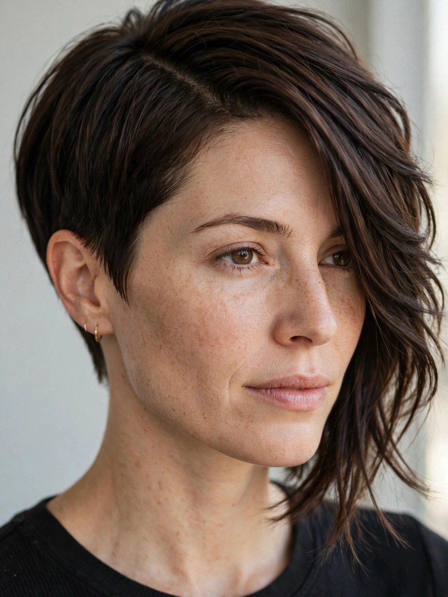 Asymmetric pixie with deep side part for thin fine hair