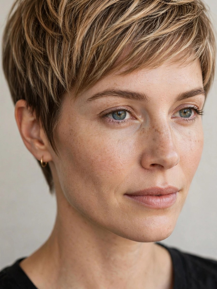 Pixie with honey blonde highlights for thin fine hair