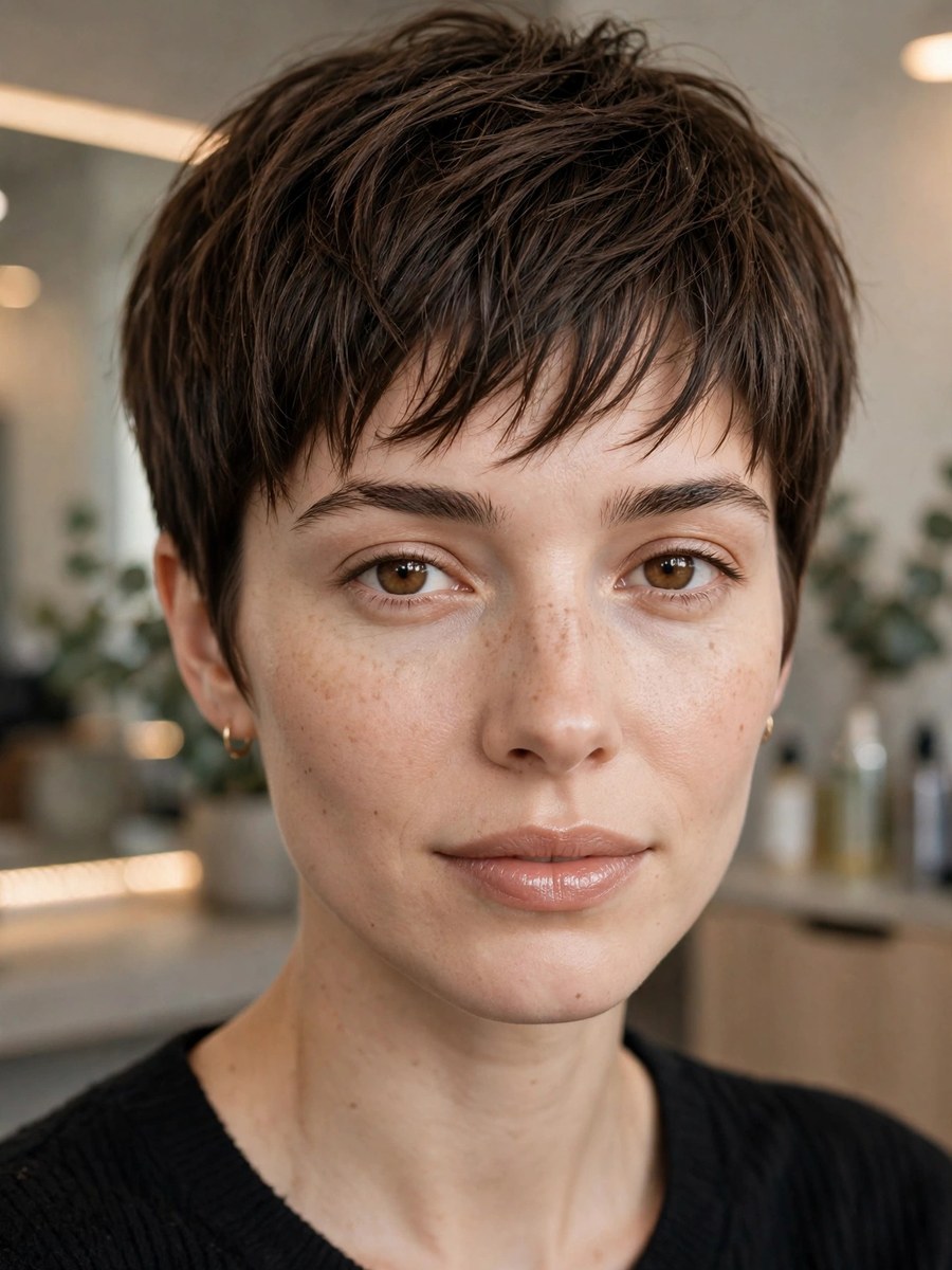 Soft French-inspired pixie with piecey fringe for fine hair
