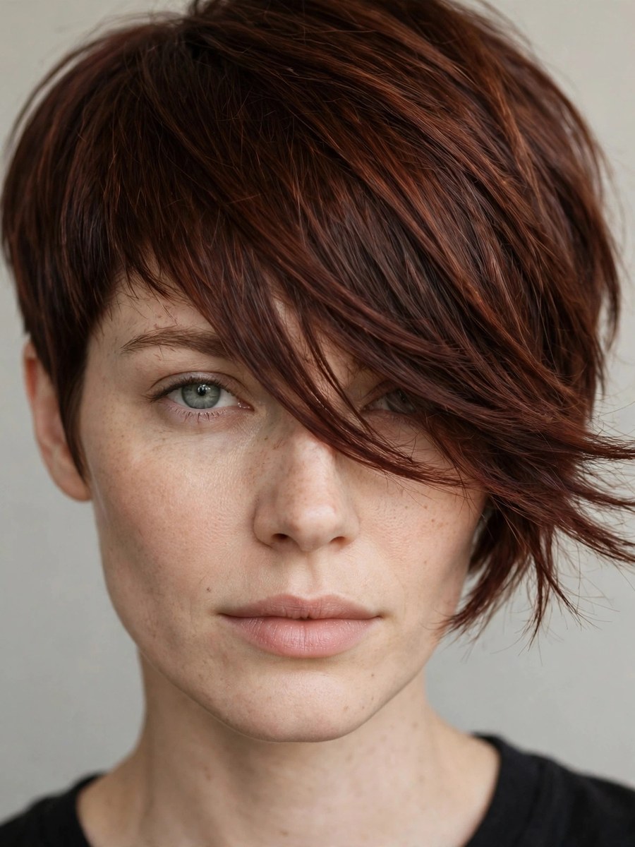 Pixie with long side fringe for thin fine hair