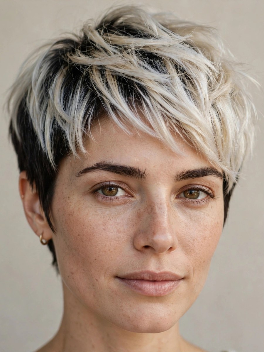Two-tone pixie with dark roots and light top for fine hair