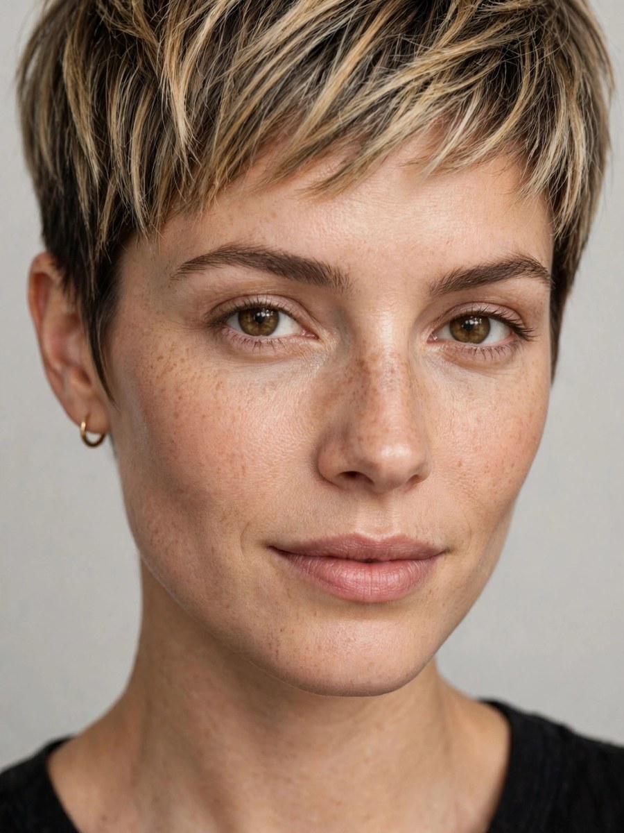 Pixie with balayage dimension for thin fine hair