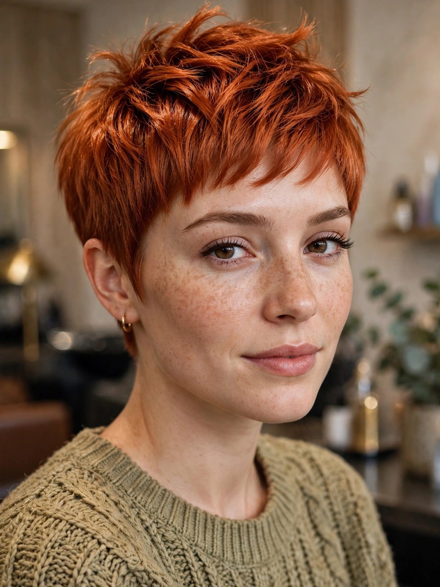 Bold copper pixie haircut for thin fine hair