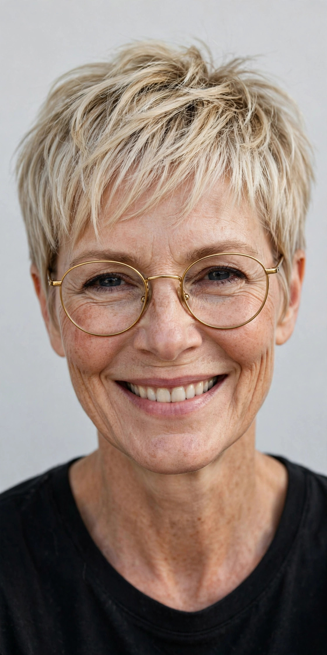 Woman wearing round gold glasses with a wispy blonde pixie cut