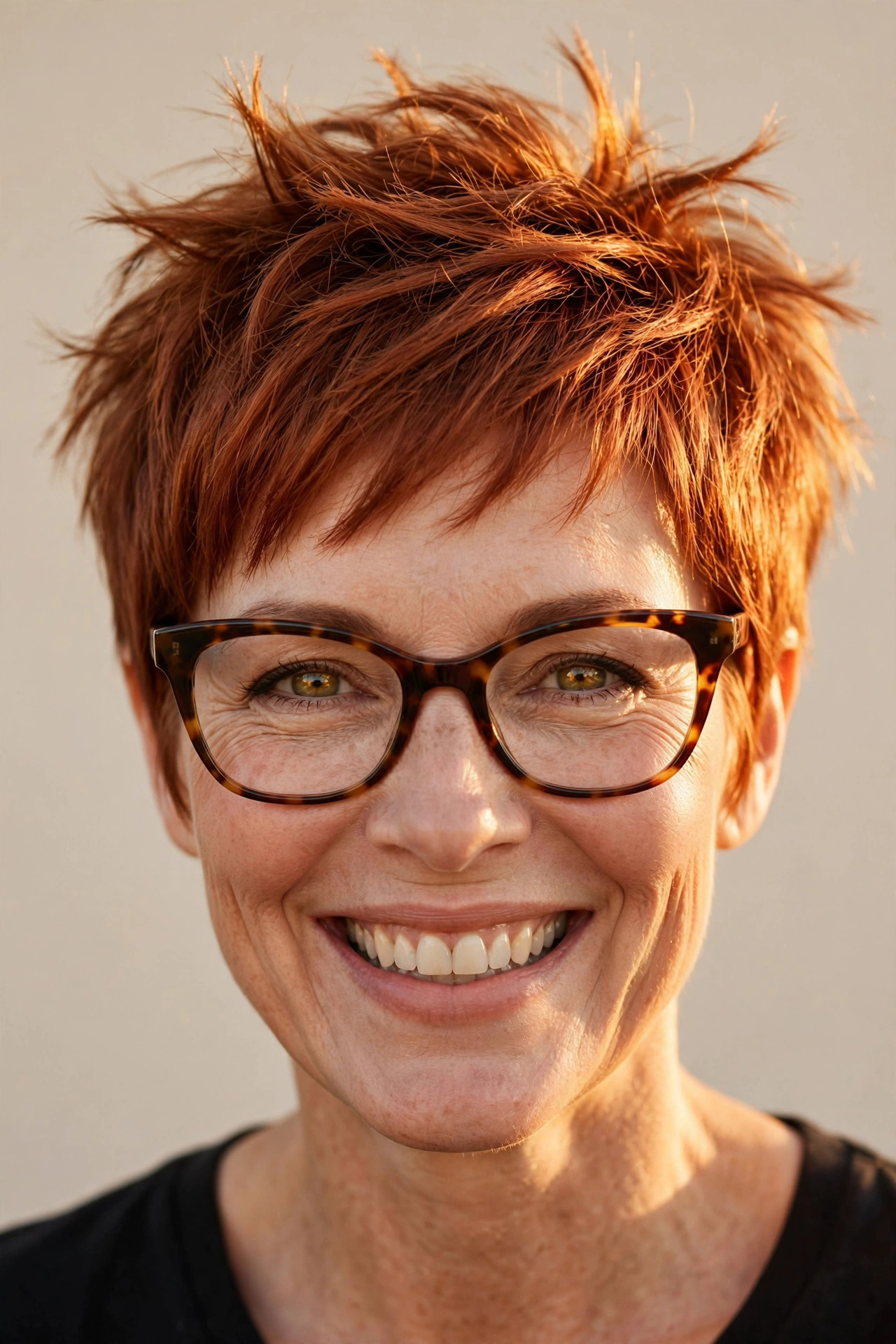 Woman with copper piecey pixie wearing tortoiseshell cat-eye glasses