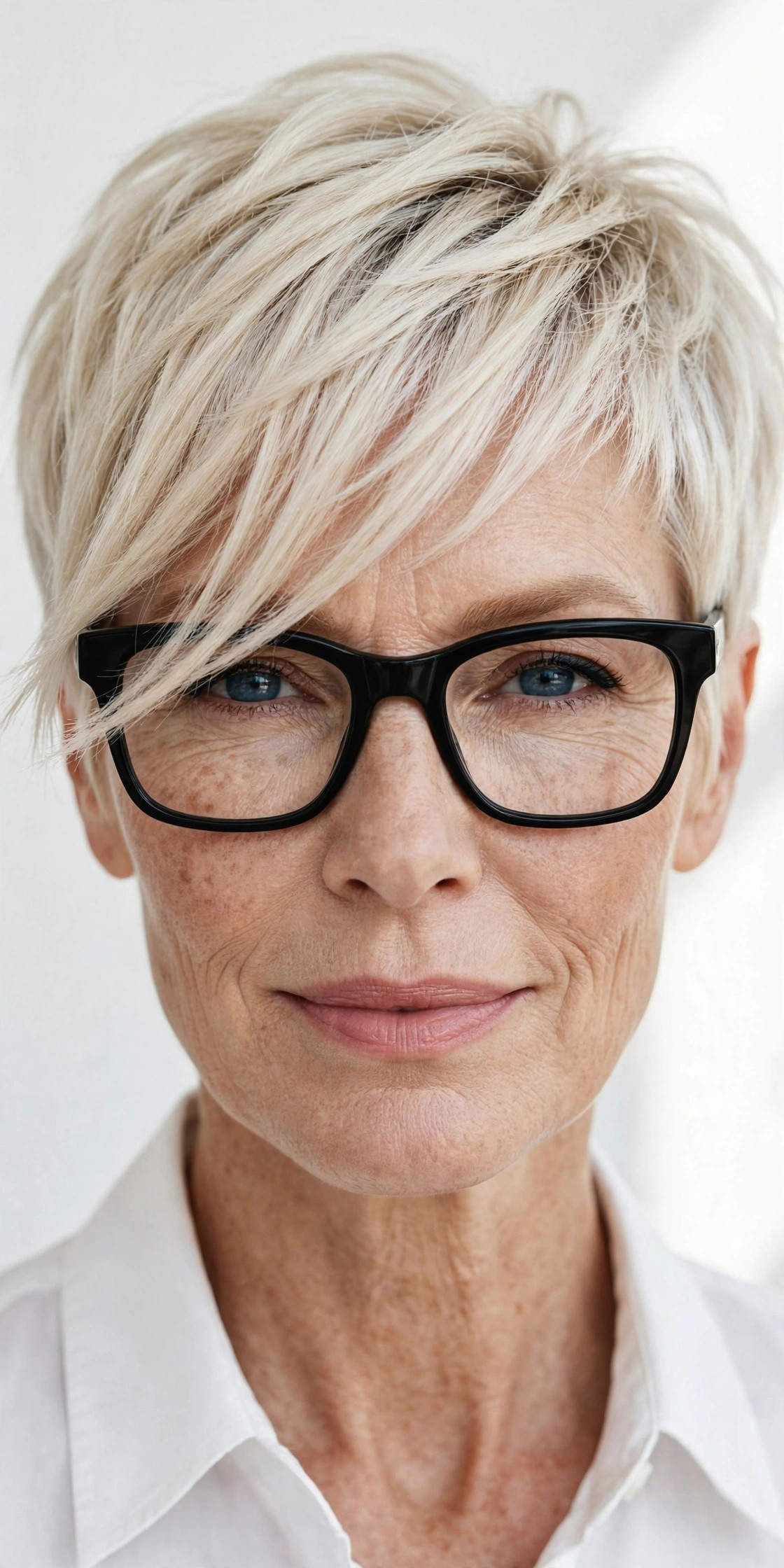 Woman with platinum side-swept pixie wearing black rectangular glasses