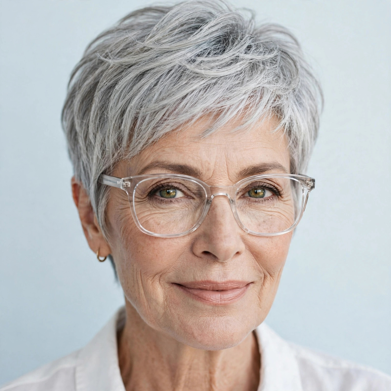Woman with silver feathered pixie wearing clear transparent glasses frames