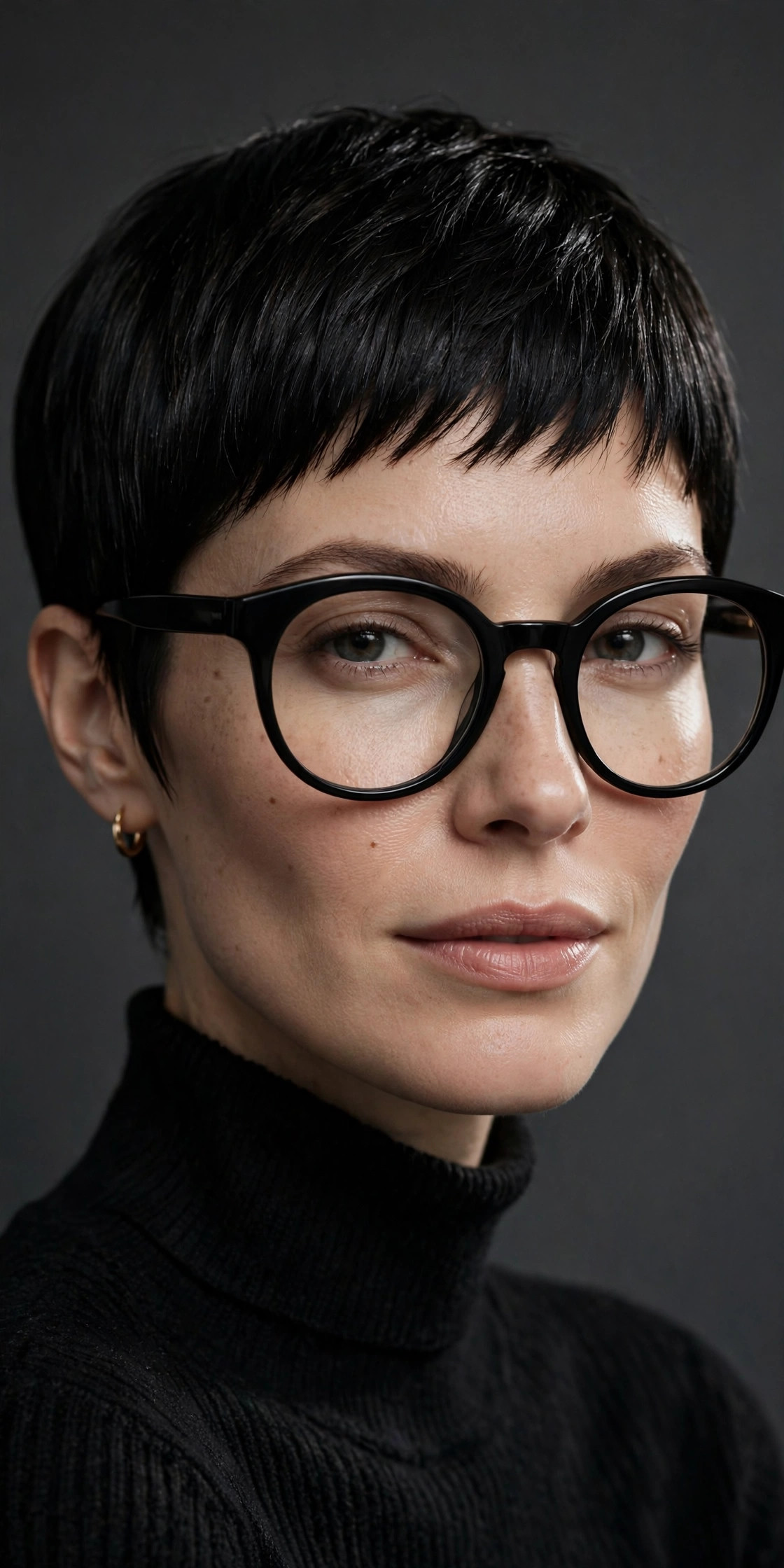 Woman with glossy black micro pixie wearing oversized round glasses