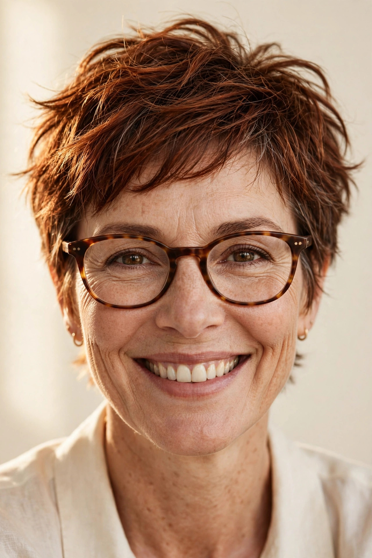 Woman with auburn textured crop wearing warm tortoiseshell oval glasses