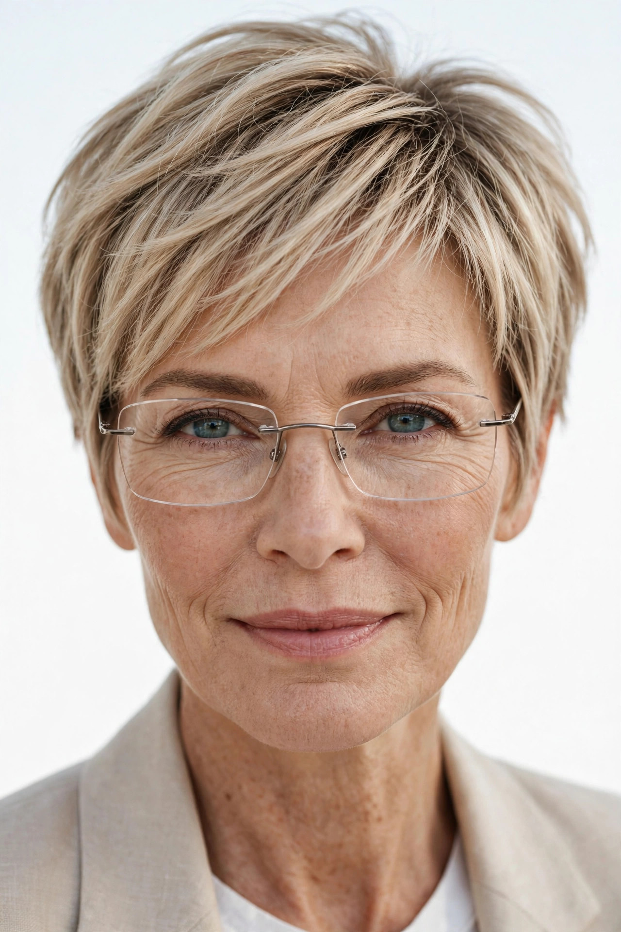 Woman with champagne balayage pixie wearing rimless eyeglasses