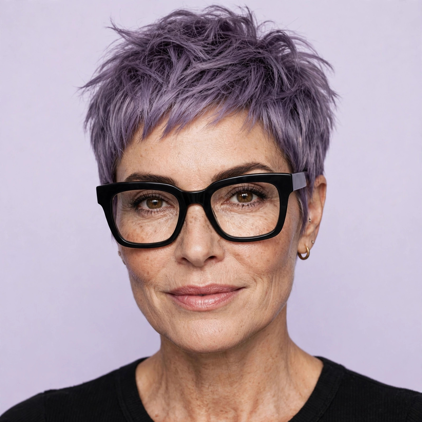 Woman with smoky lilac pixie wearing bold black square glasses