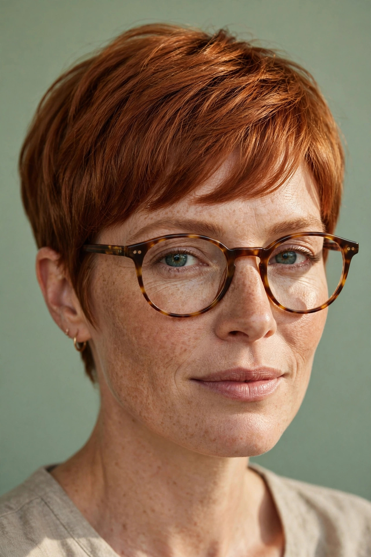 Woman with ginger tapered pixie wearing vintage round glasses