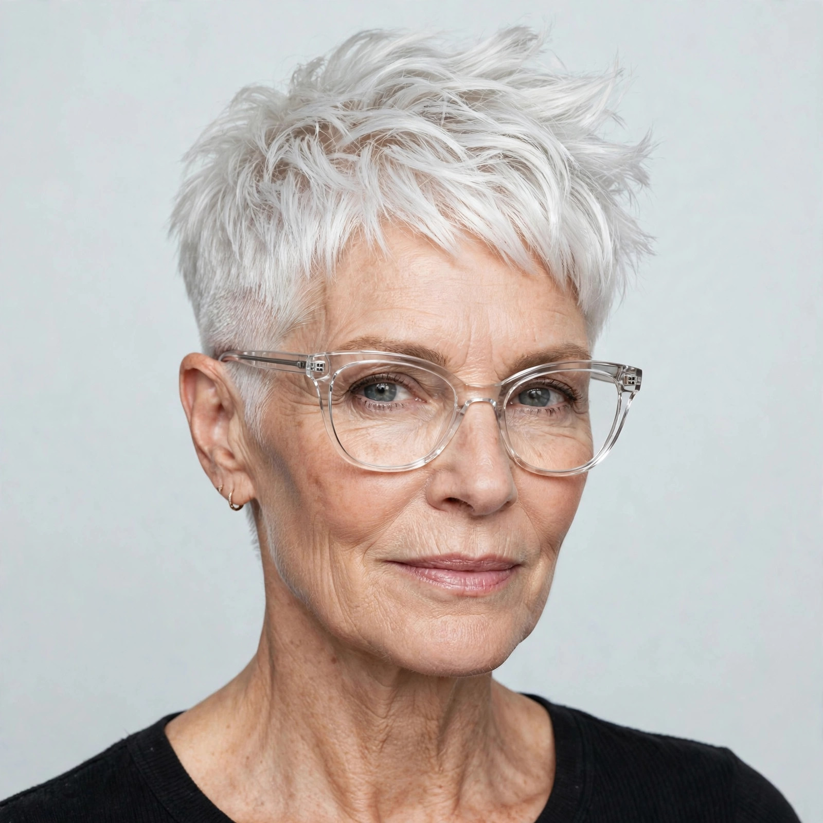 Woman with icy white pixie and buzzed nape wearing clear cat-eye glasses