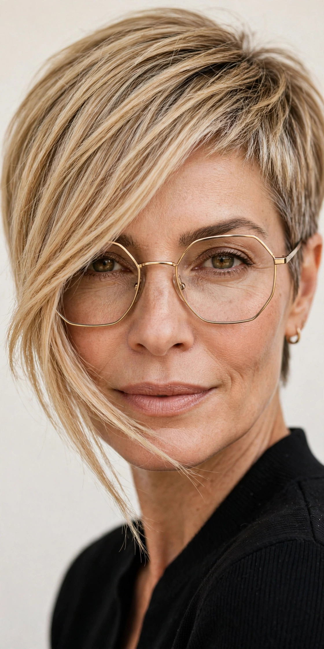 Woman with honey blonde asymmetrical pixie wearing geometric glasses