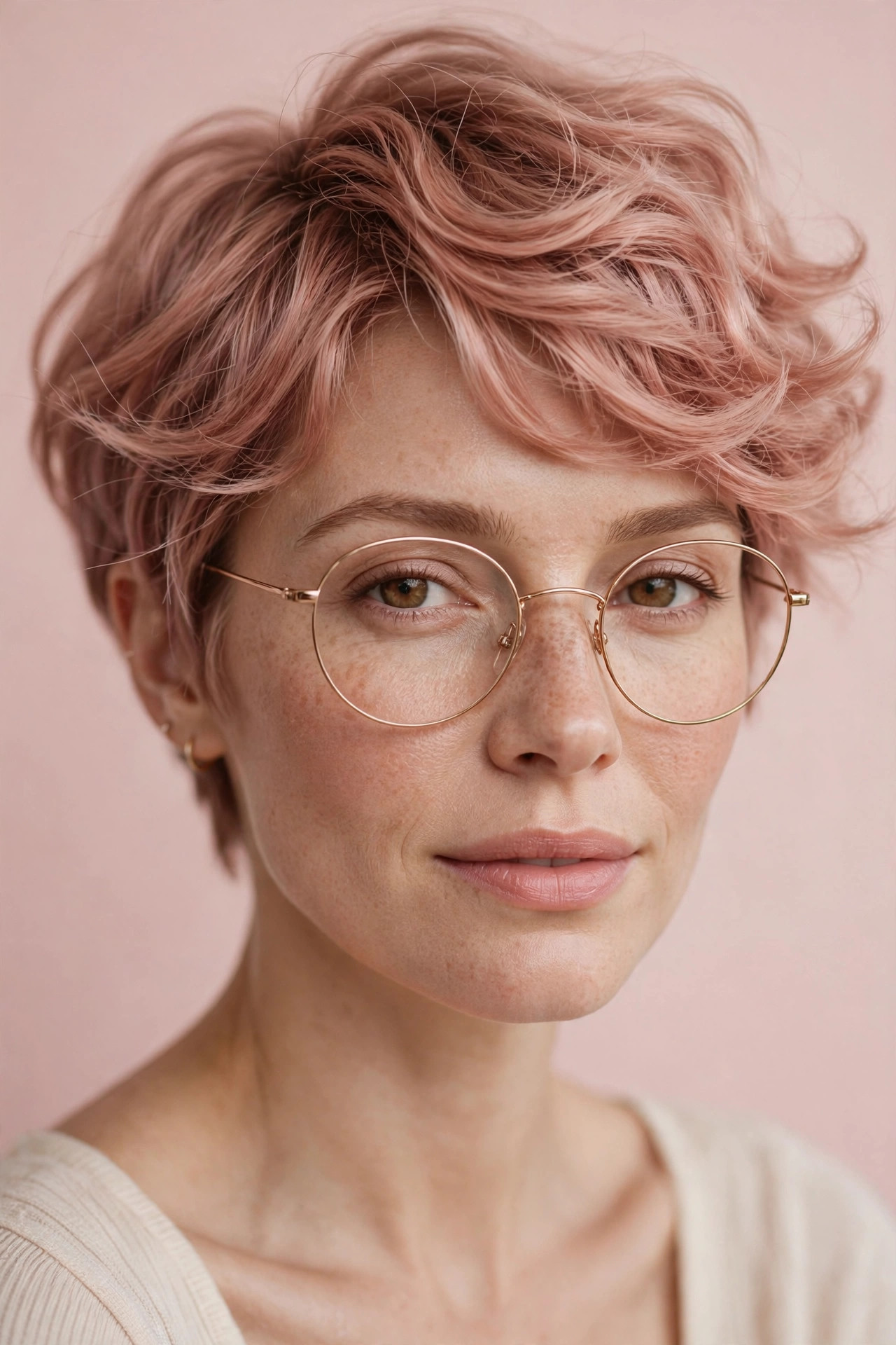 Woman with rose-gold waved pixie wearing delicate thin wire round glasses