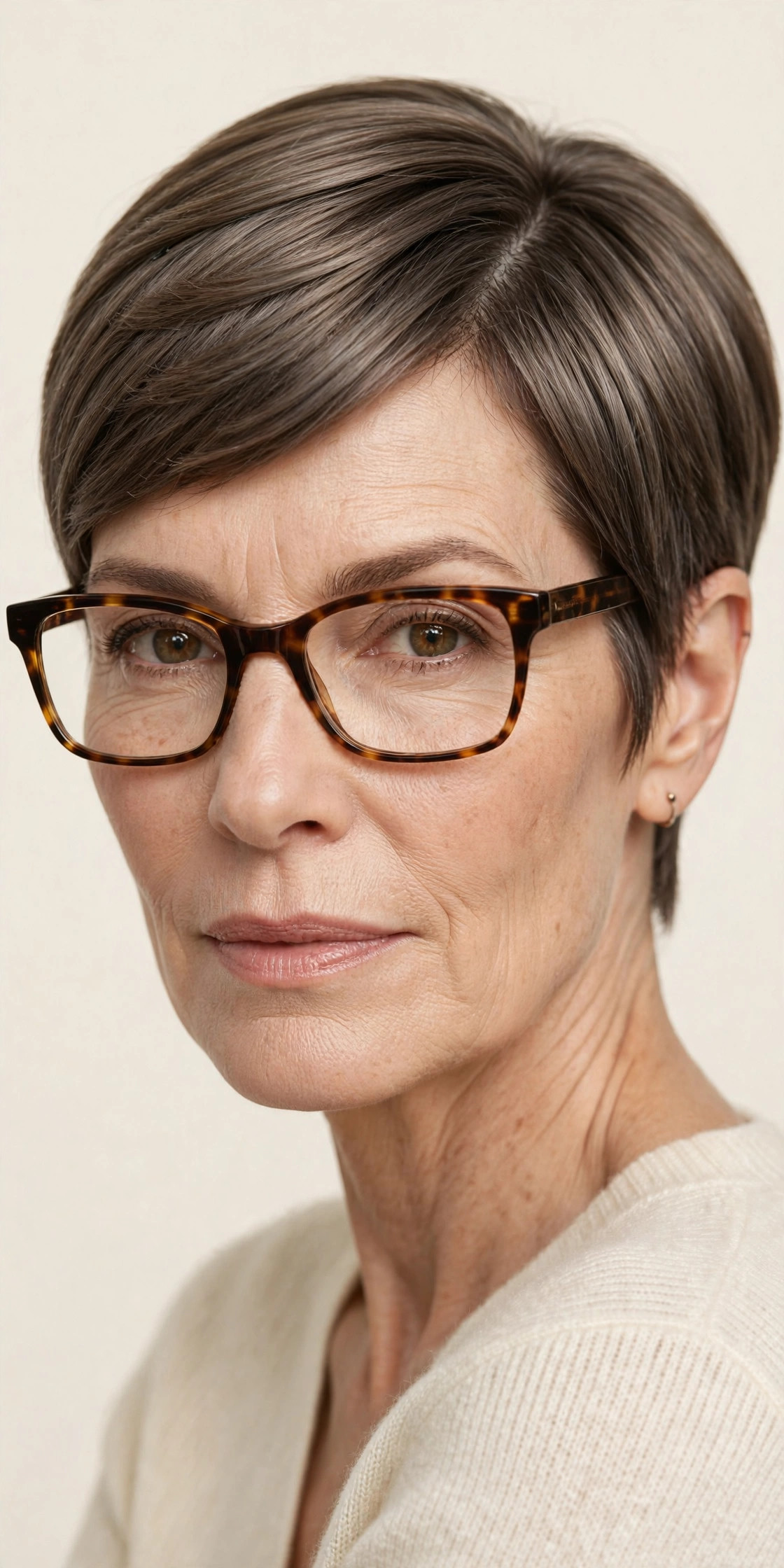 Woman with sleek mushroom-brown pixie wearing tortoiseshell rectangular glasses