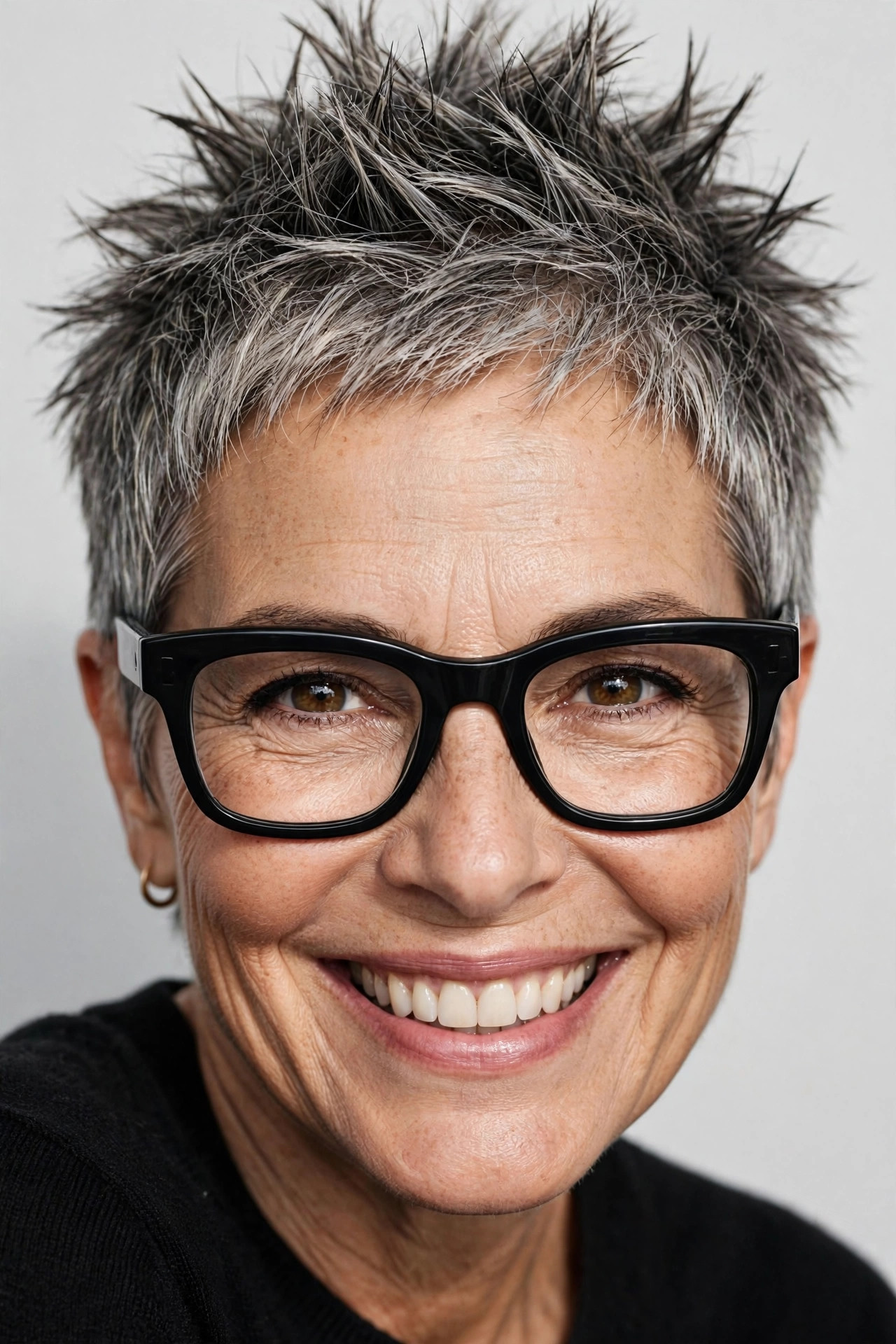 Woman with salt-and-pepper spiky pixie wearing bold black glasses