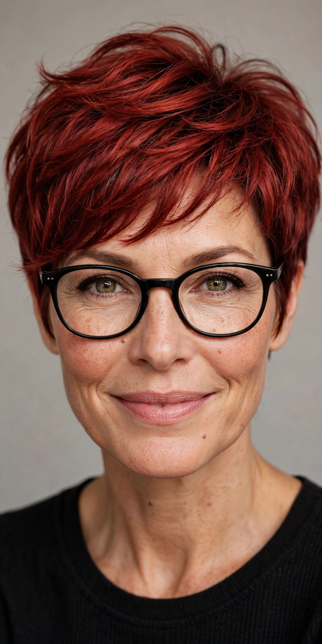Woman with cherry-red layered pixie wearing black oval glasses
