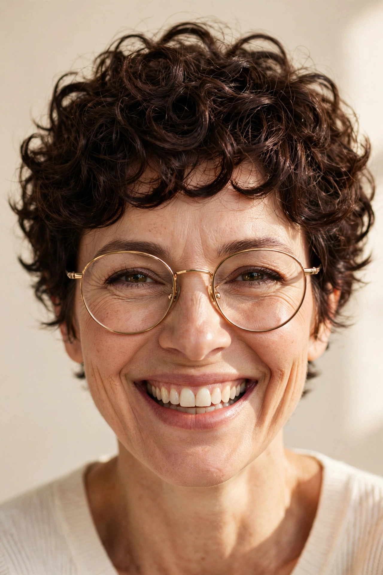 Woman with dark chocolate curly pixie wearing round gold glasses