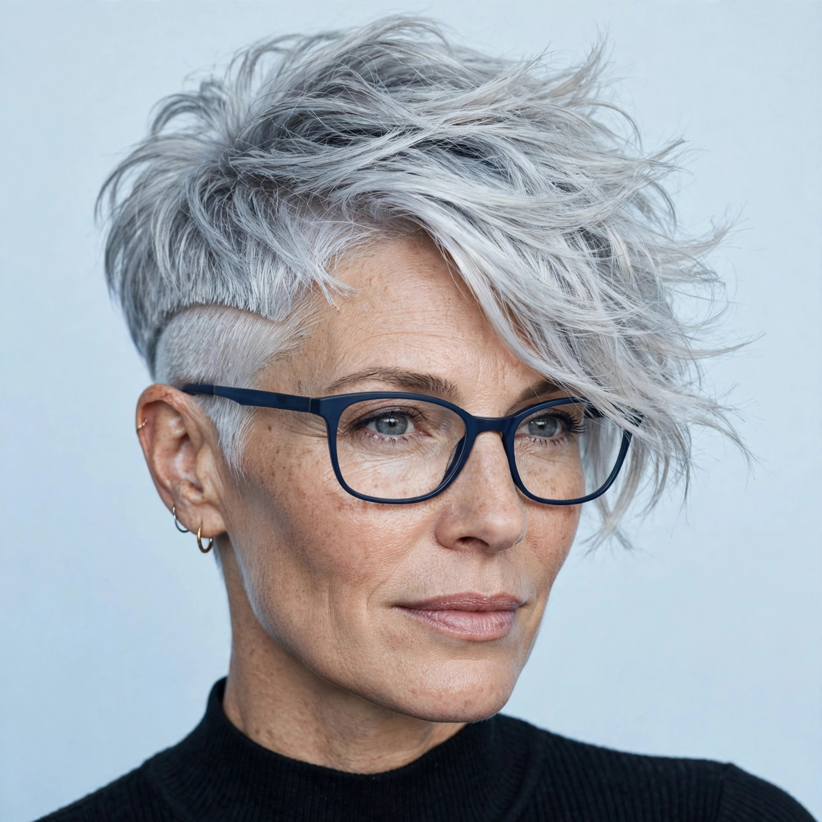 Woman with ice-silver undercut pixie wearing modern blue-light glasses